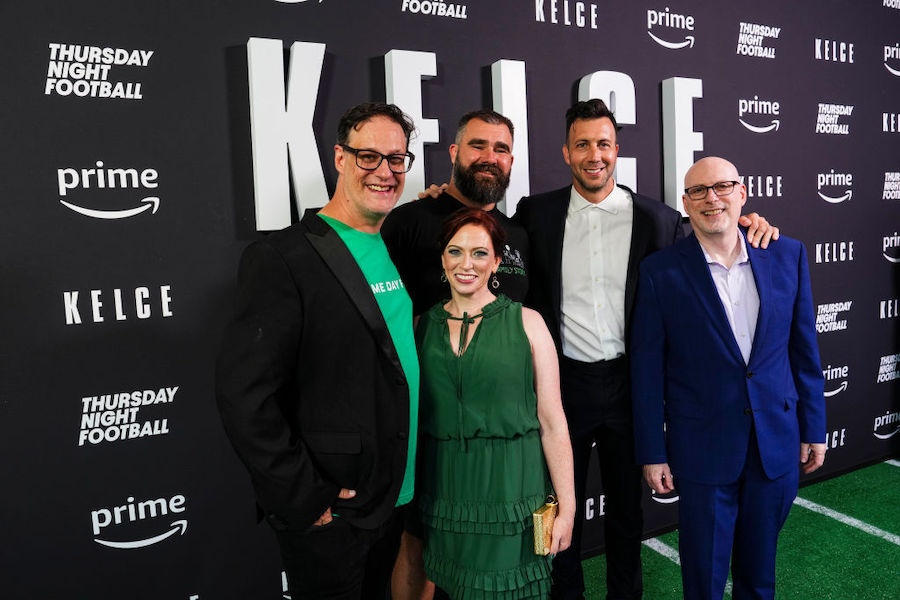 PHILADELPHIA, PA - SEPTEMBER 08: Jason Kelce (C) poses for a photo with (L-R) Don Argott, Sheena M. <yoastmark class=