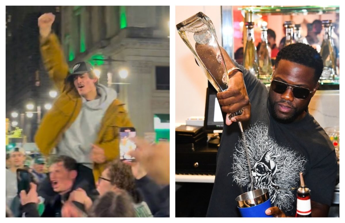 Left: Eagles fans celebrating in Philadelphia after the Super Bowl win, as they will do this Friday at the Super Bowl parade, complete with free SEPTA rides | Right: Kevin Hart pouring his tequila, which is paying for those free SEPTA rides