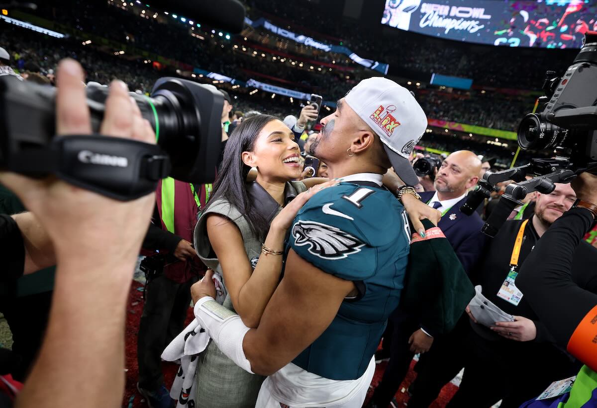 Jalen Hurts and then-girlfriend Bry Burrows after the Philadelphia Eagles beat the Kansas City Chiefs in the Super Bowl