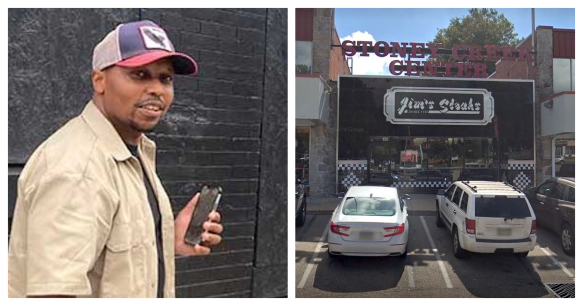 Cortez Johnson in front of his West Philadelphia cheesesteak shop Jim's West and the Jim's Steaks in Delco