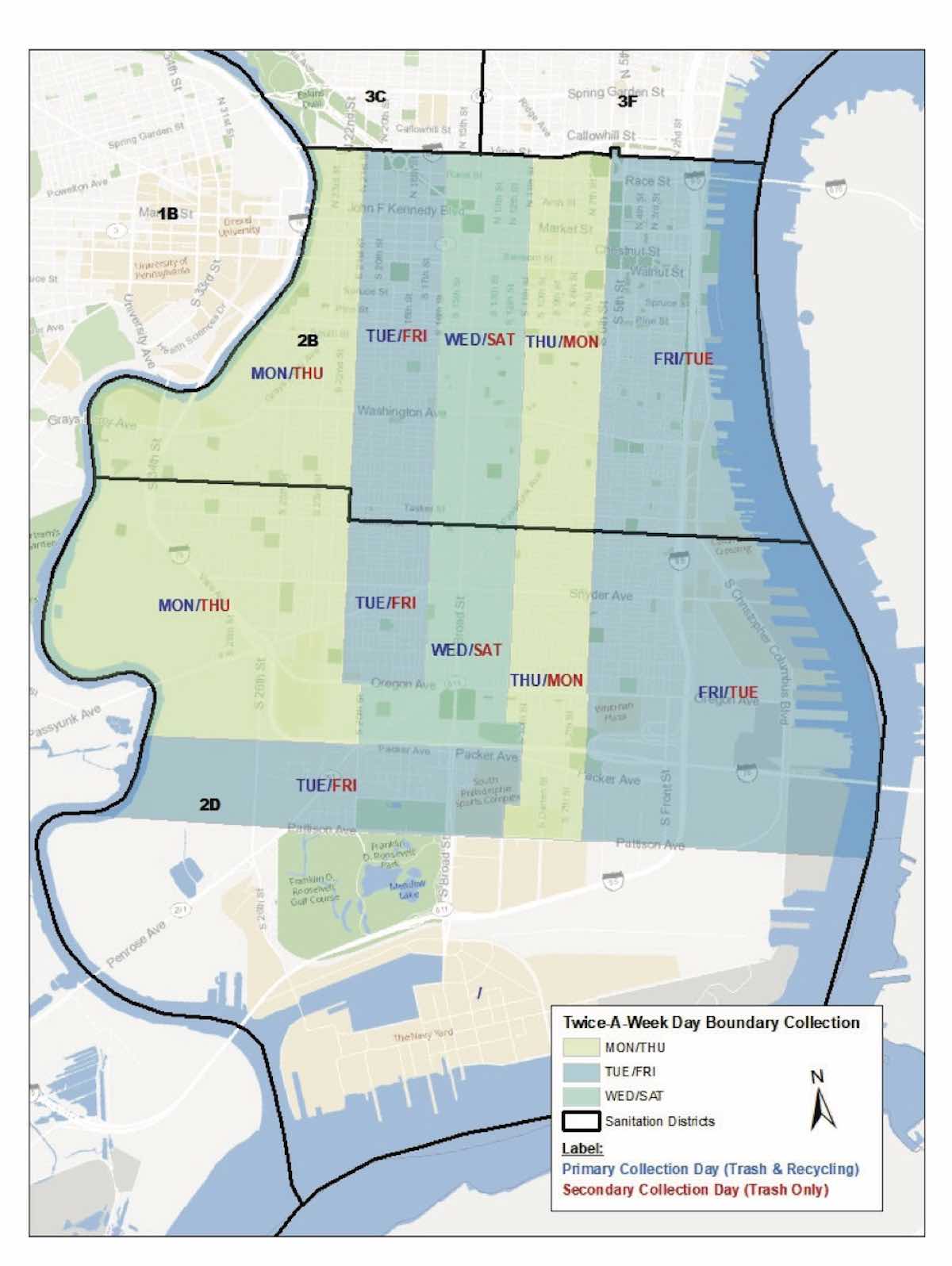 a map of Philadelphia new twice-a-week trash collection program